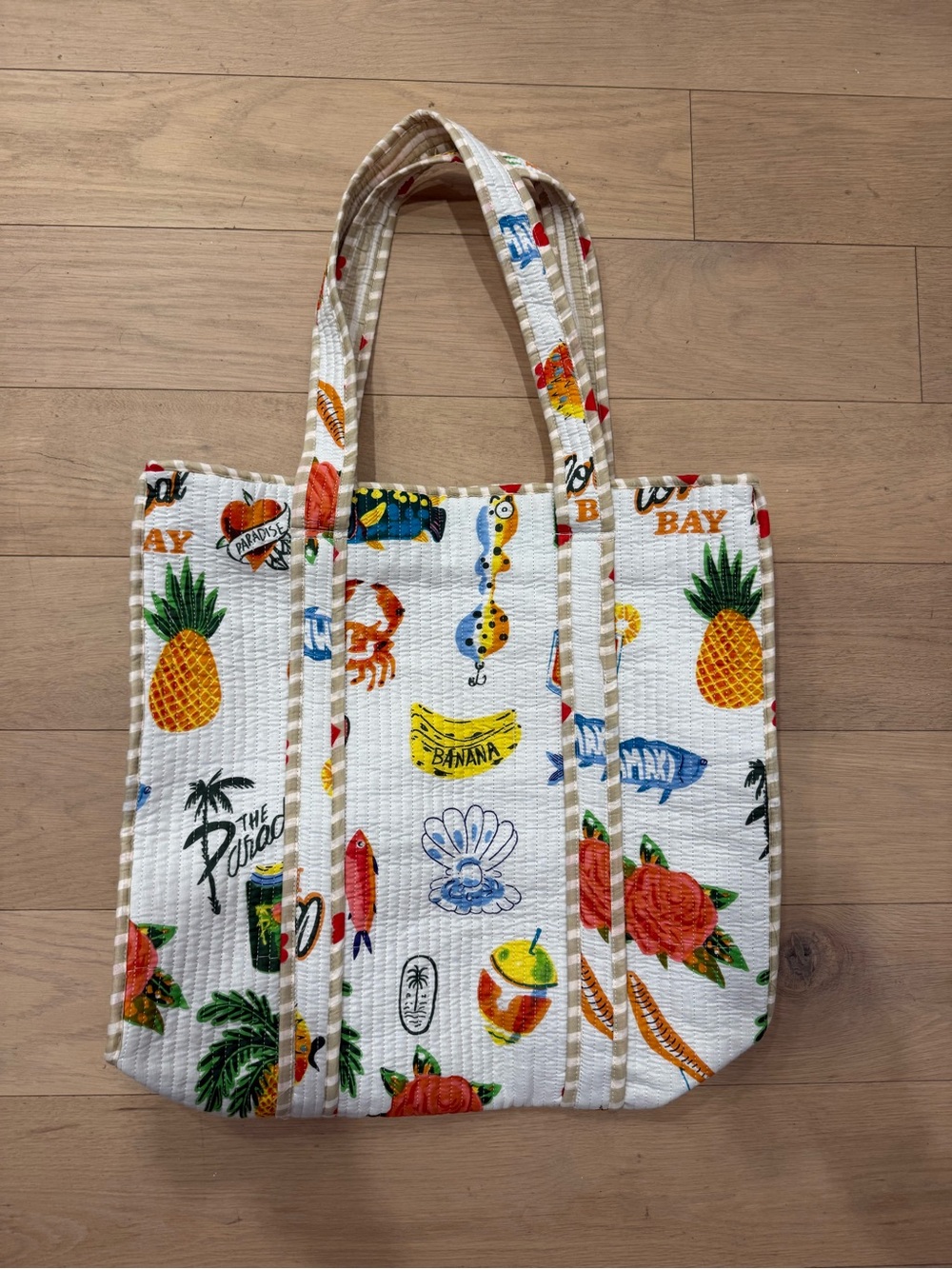 Tropical Print Quilted Cotton Tote Bag - White Multi